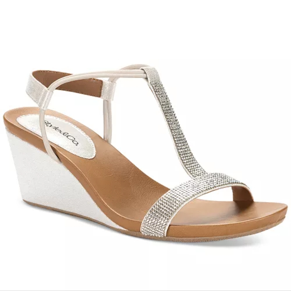 Style & Co Womens 12 Silver Tan Wedge Heel T Strap Sandals Shoes NEW NIB